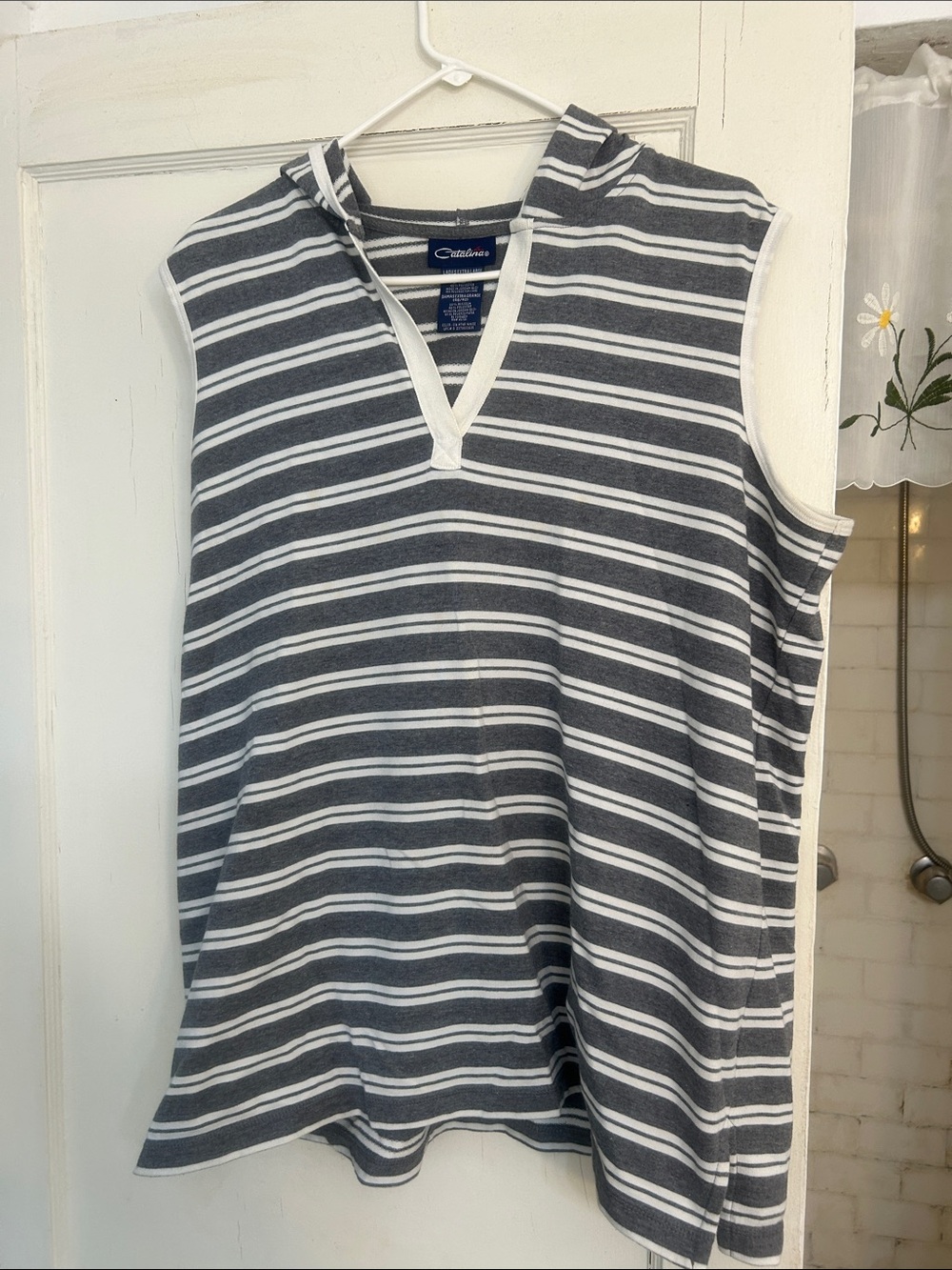 Catalina Gray and White Striped Sleeveless Hoodie